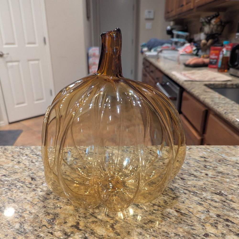 VTG Smith & Hawken Hand Blown Hollow Amber Art Glass Pumpkin Stem Chimney 10.5" - Picture 3 of 11